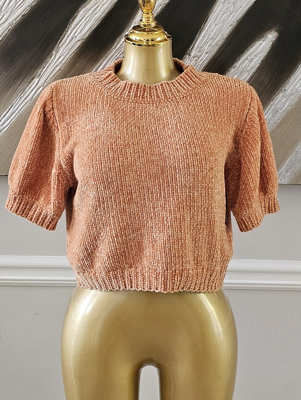 Missguided Womens US 2/4 Peach Chenille Knit Short Sleeve Sweater Top